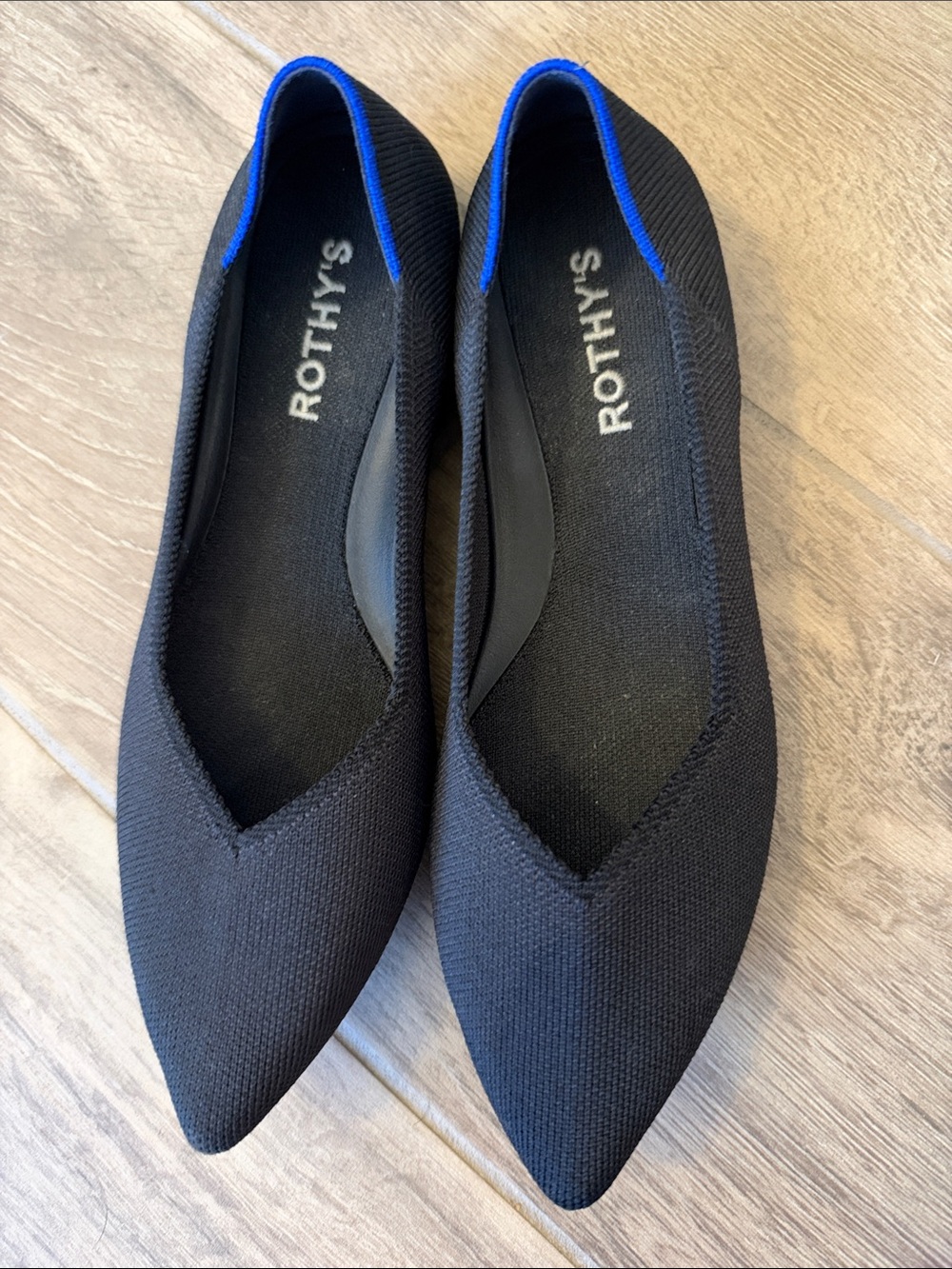 Rothy's Black Pointed Knit Flats with Blue Trim